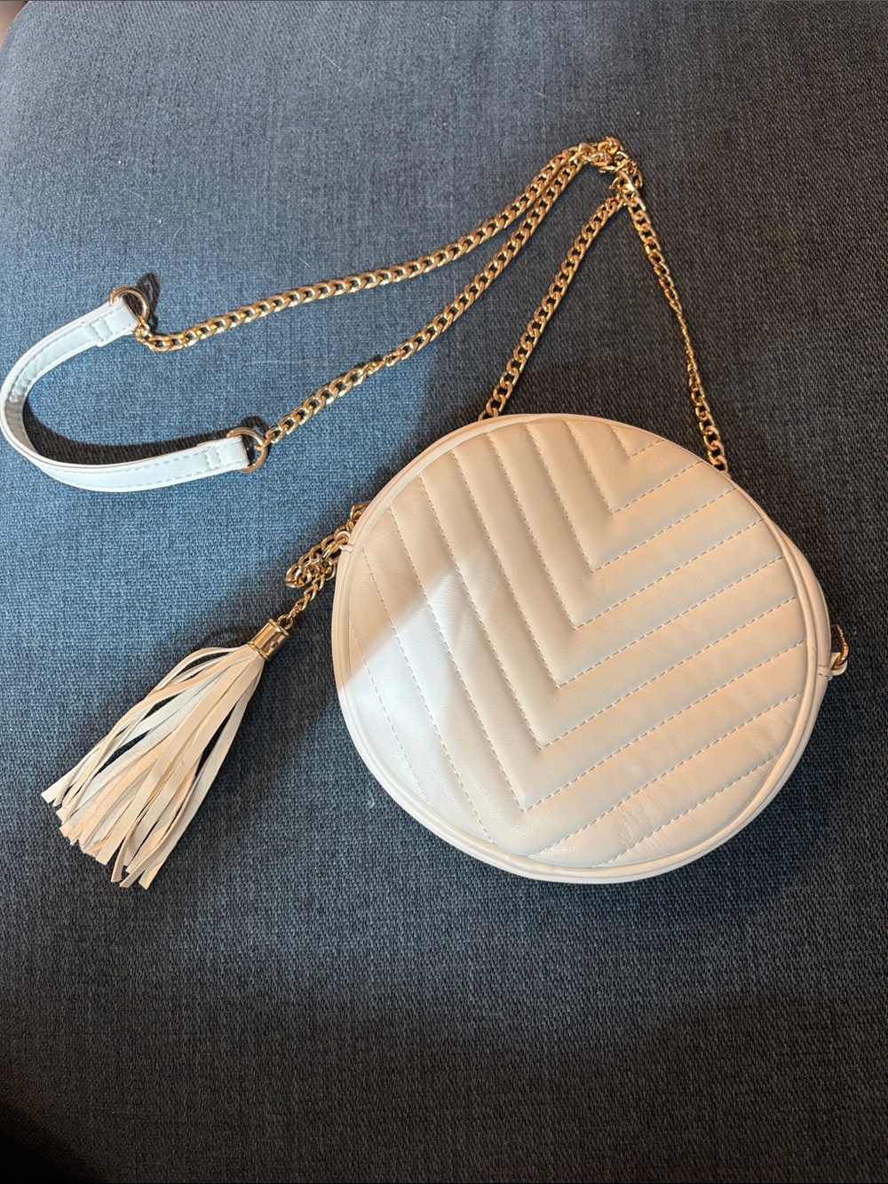 Round Quilted Crossbody Bag with Tassel - White